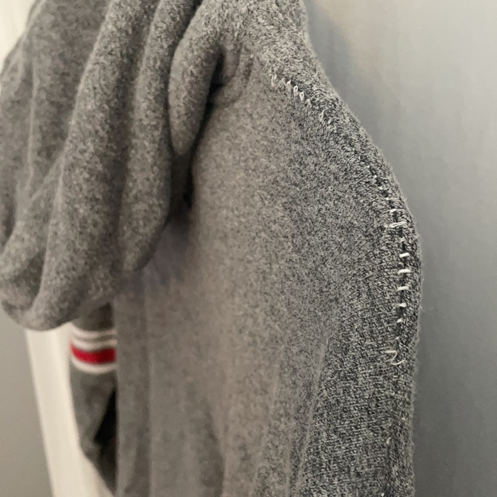 Grey Hoodie, Red and White Stripes on sleeves